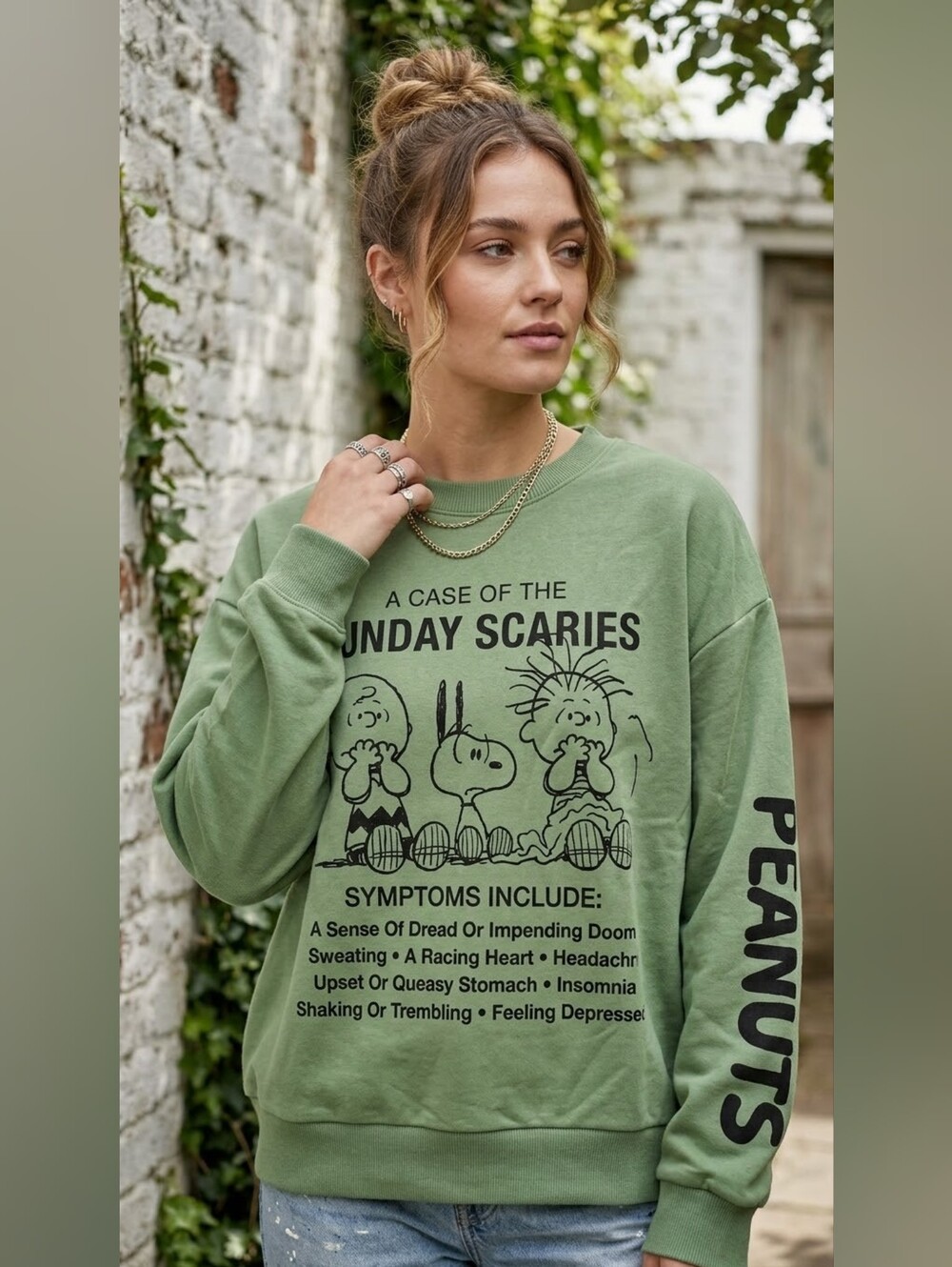 Peanuts Snoopy Sunday Scaries Graphic Sweatshirt - Sage Green